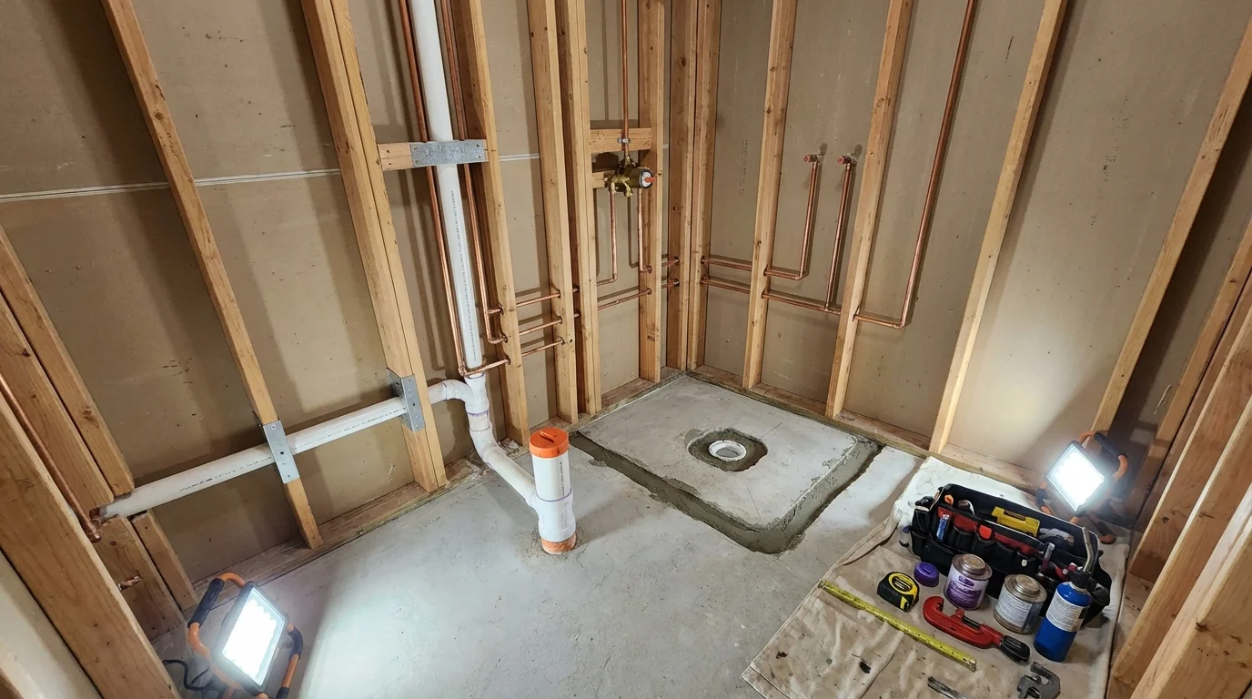 Bathroom rough-in plumbing during remodel by Johns Plumbing LLC in Weldon