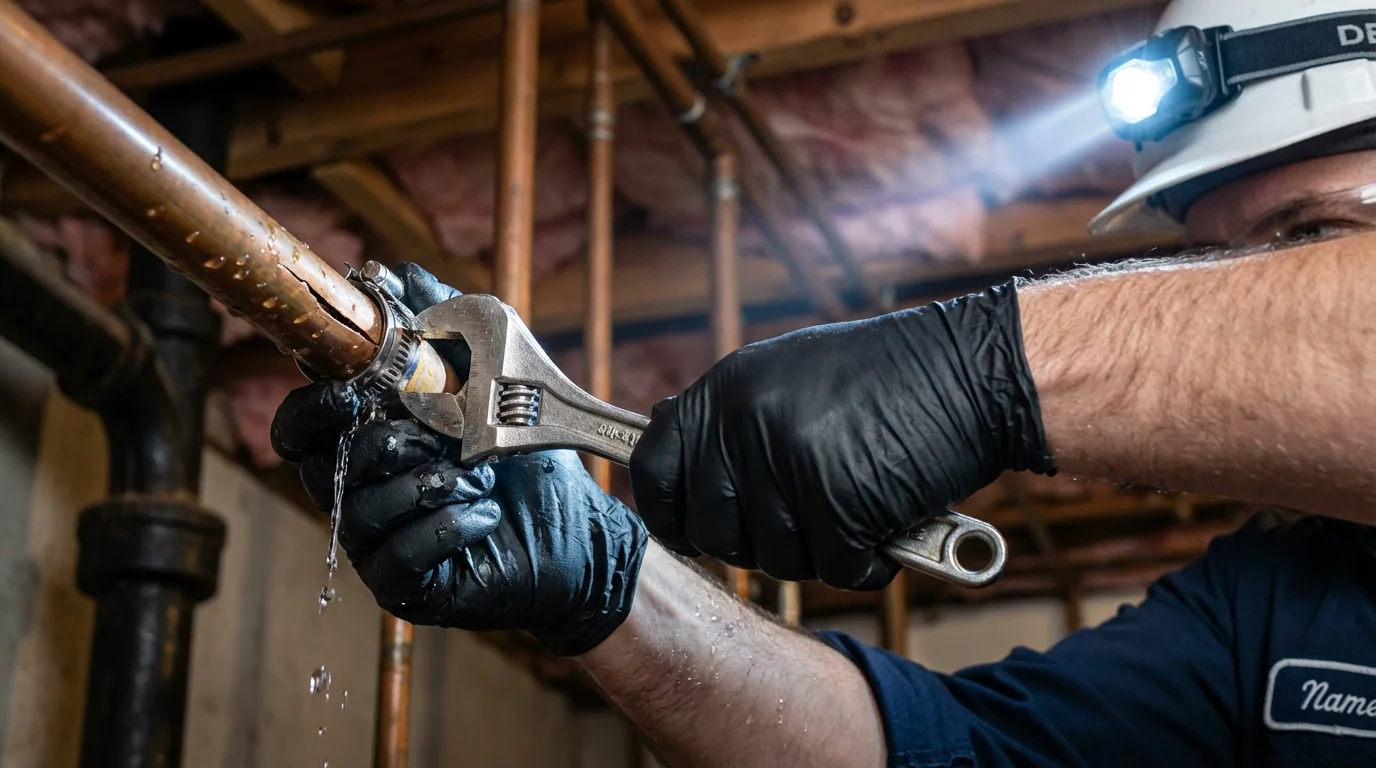 Emergency pipe clamp repair being performed by a Johns Plumbing LLC plumber in Weldon
