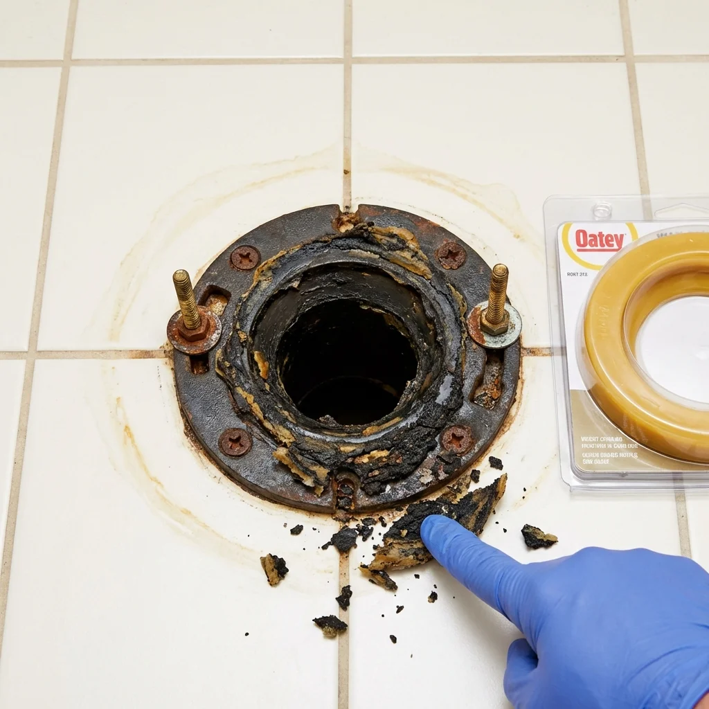 Failed wax ring showing water seepage at the base of a toilet in a Weldon, NC home