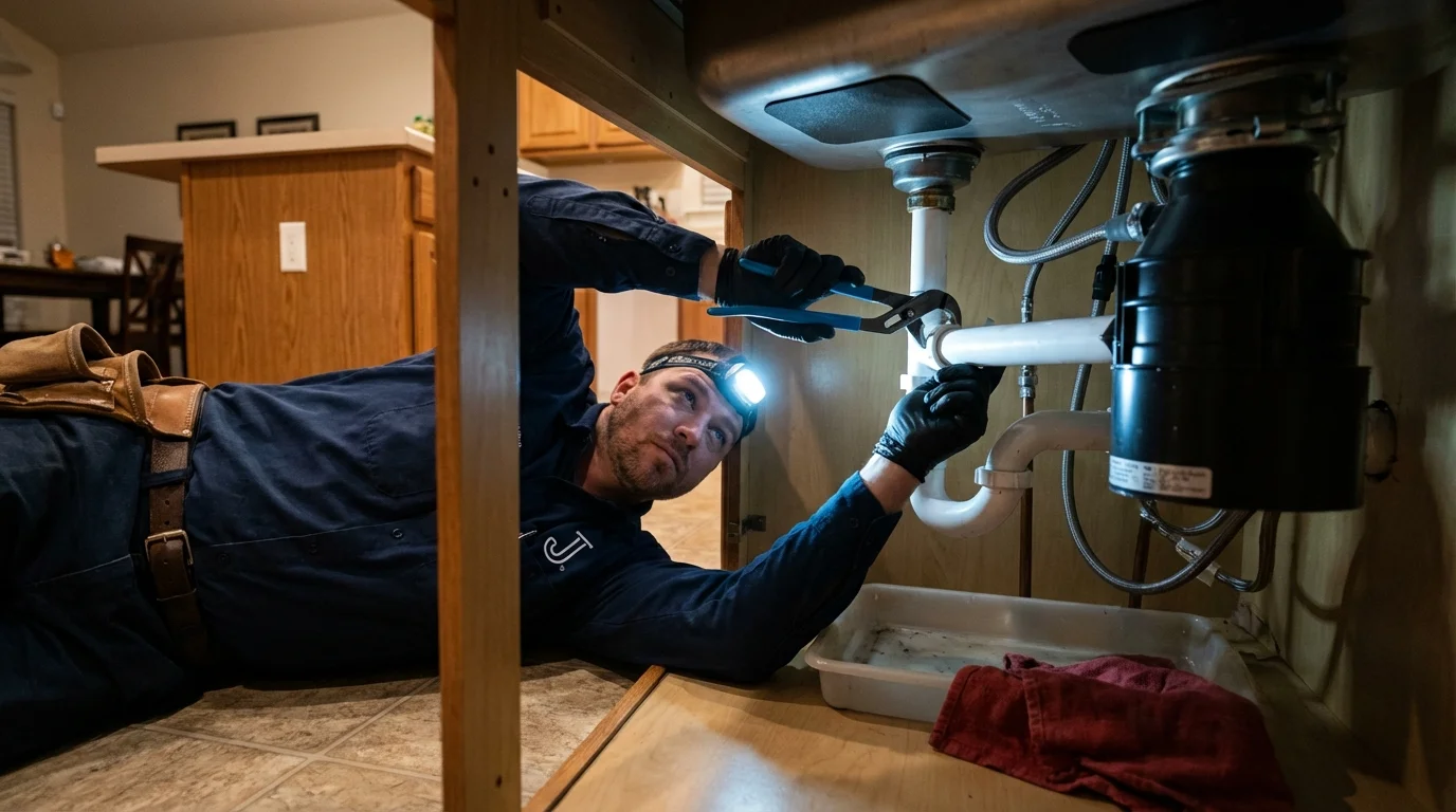 P-trap and supply line connections under a kitchen sink showing a common leak point in Weldon, NC